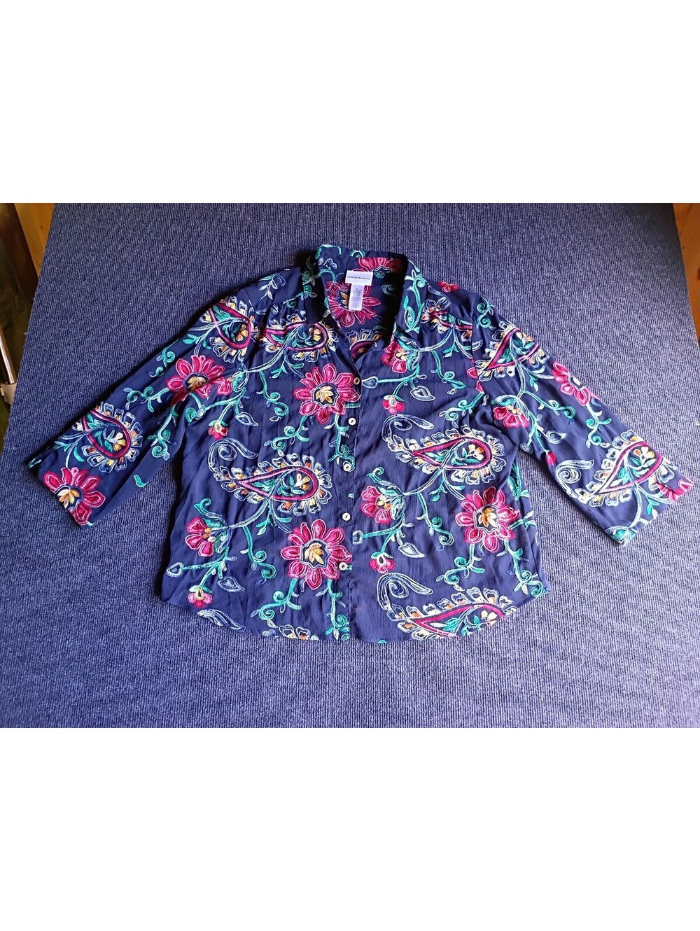 Alfred Dunner XL Navy Blue Embroidered Button-Up Blouse